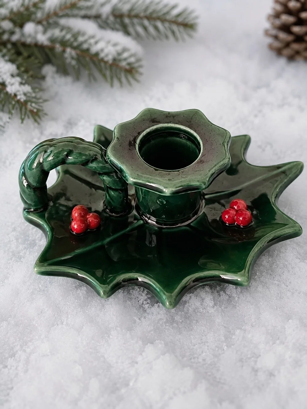 Lefton Vintage Christmas Holly Leaf Candle Holders Green Ceramic Pair
